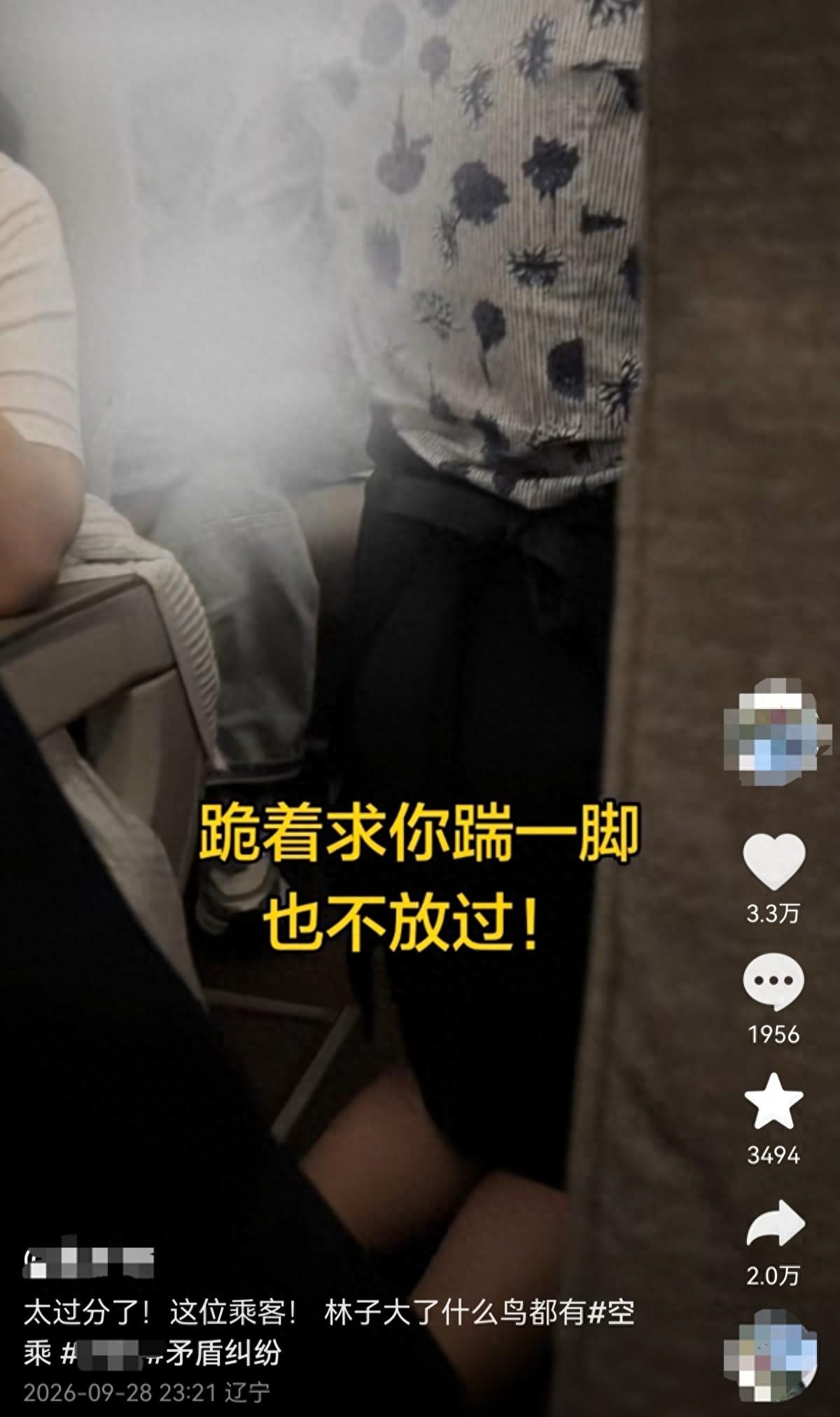 合肥飞往大连的一趟航班上，一名空姐推送餐车时不慎蹭到一名男乘客手肘，并没有造成任
