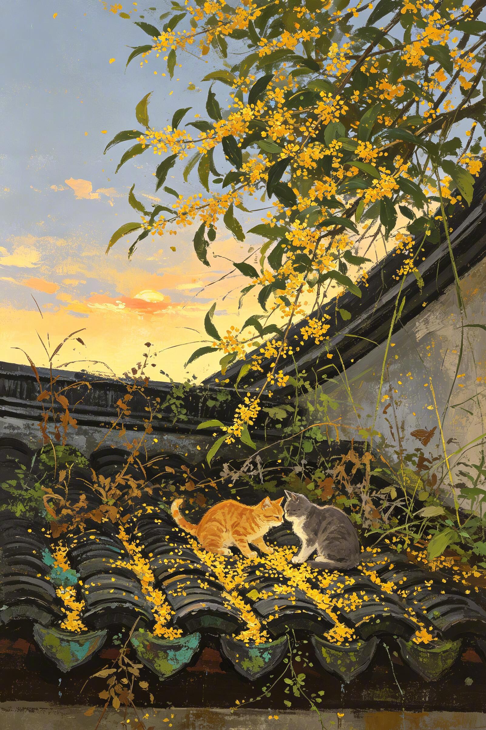 桂花屋檐落，猫咪瓦上戏。 