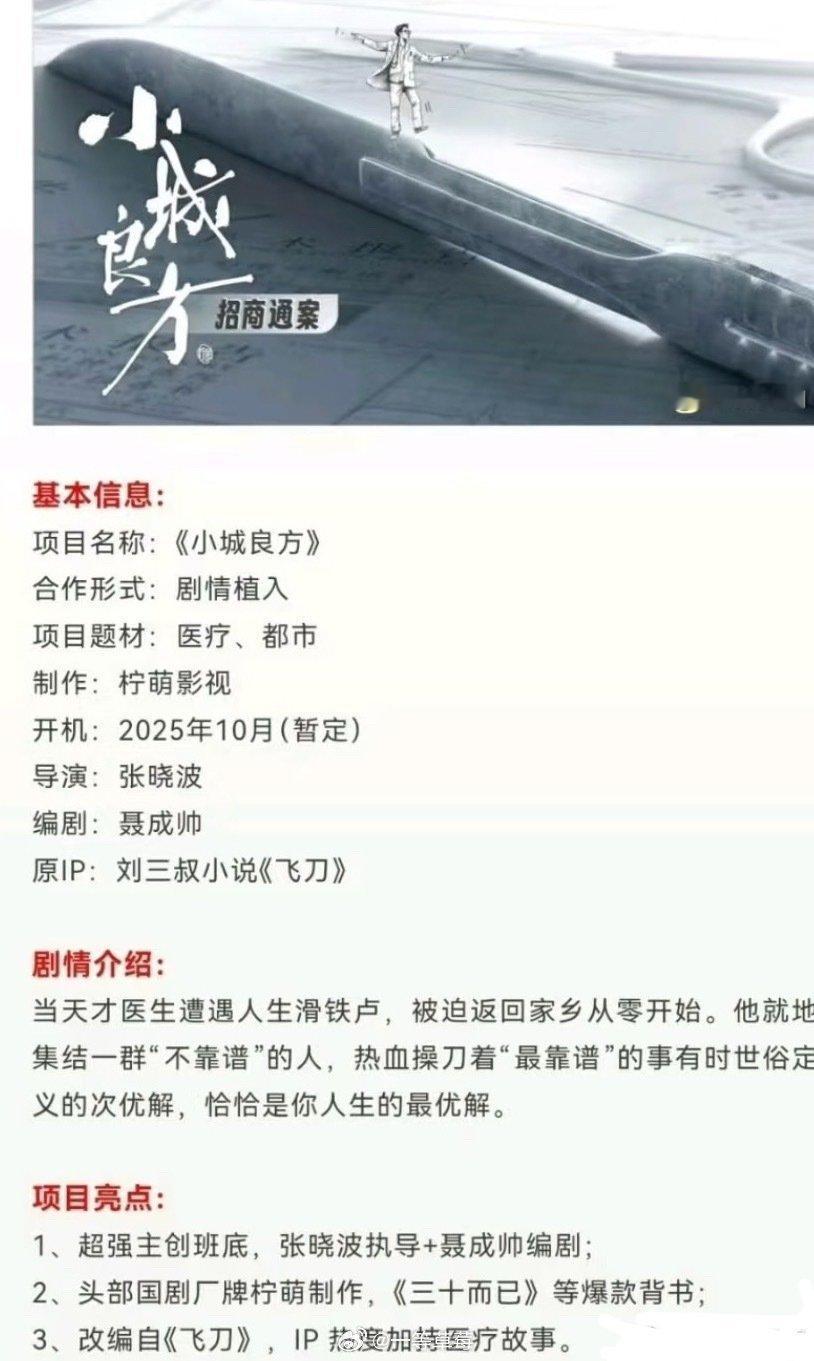 肖战《小城良方》招商，暂定10月开机 ​​​