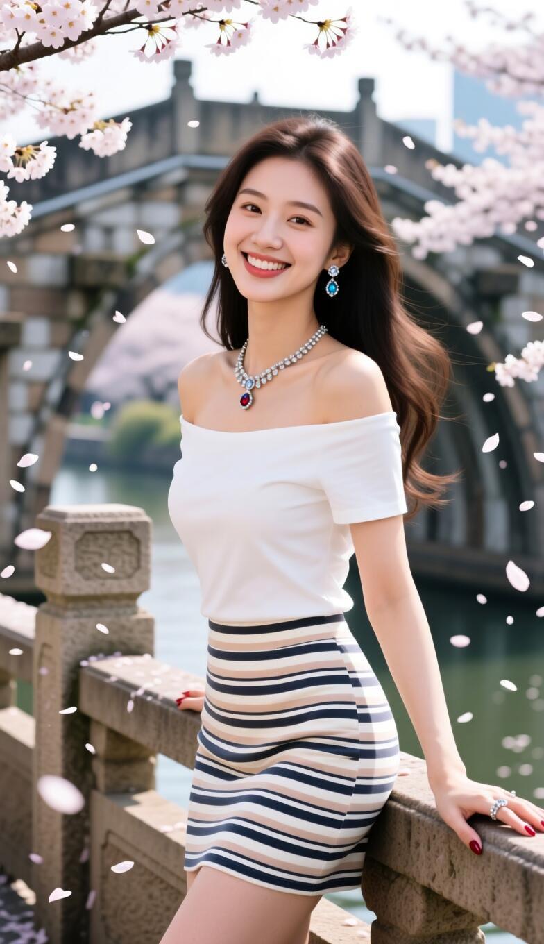 桥上美人倚，花下笑语生。