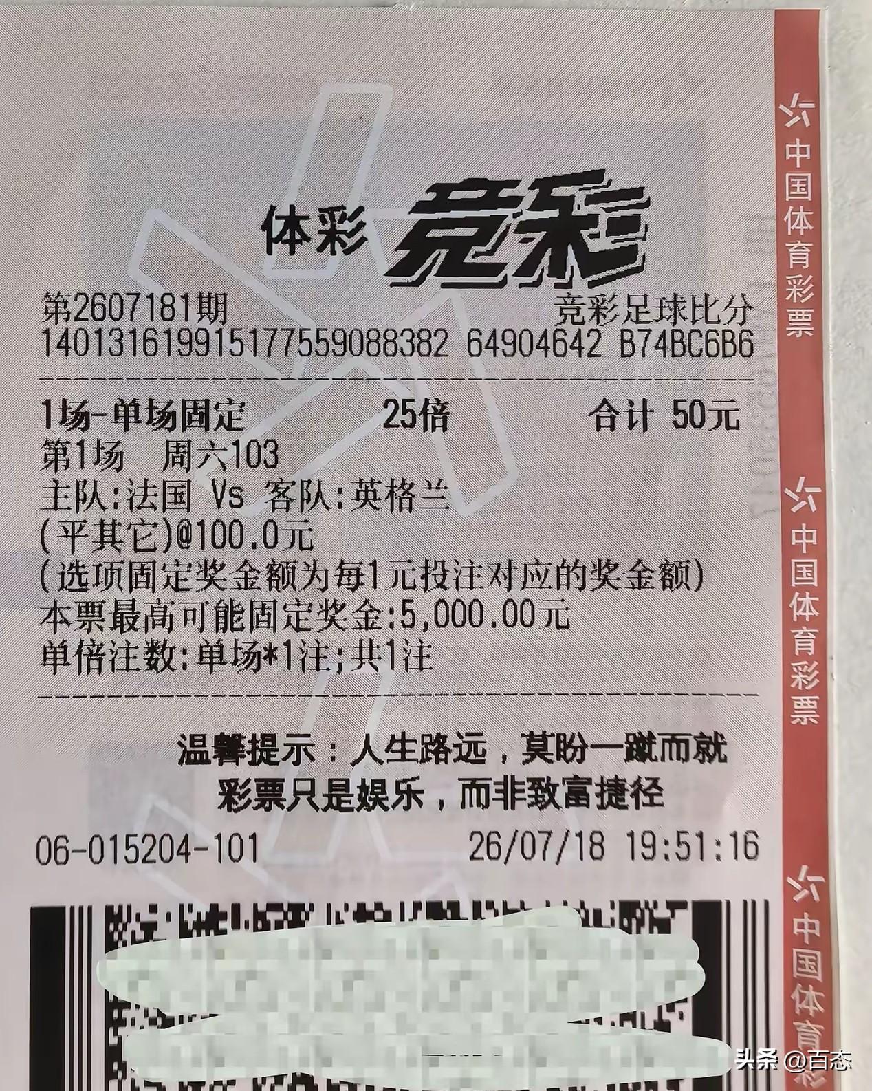不敢相信有人居然花100元，50倍投买法国对阵英格兰平其它，赔率高达100元，要