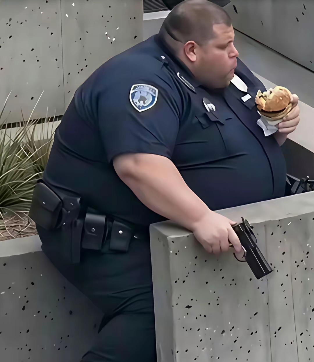 这位美国警察在抓捕罪犯时饿了利用对峙时间抓紧吃饭。 