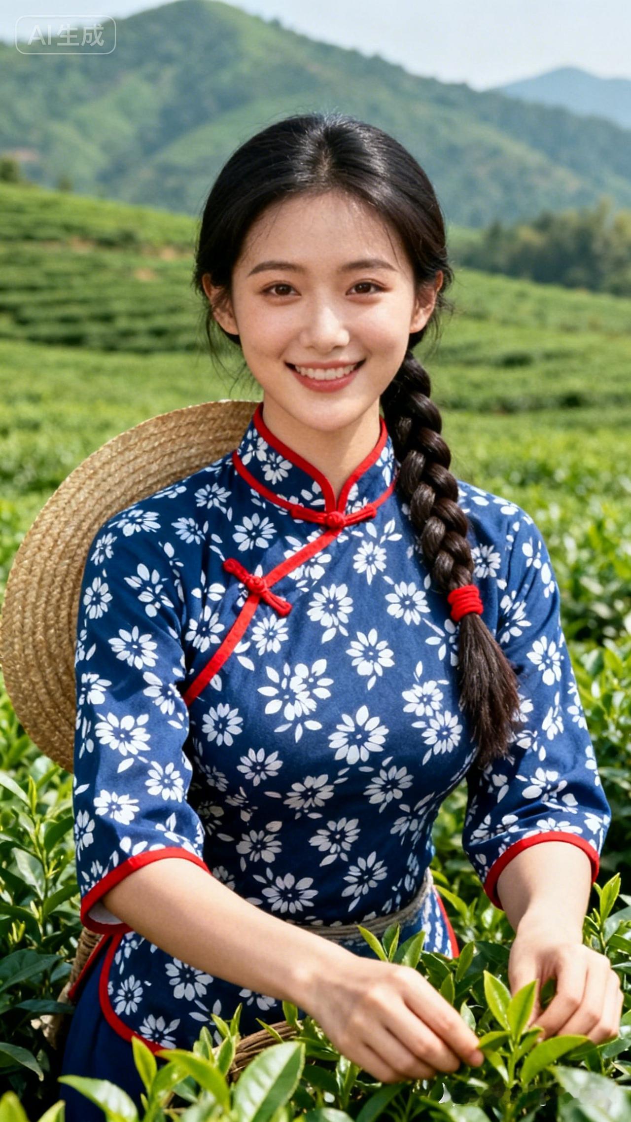 茶园里的少女，笑靥如花，收获满满！🌿😊