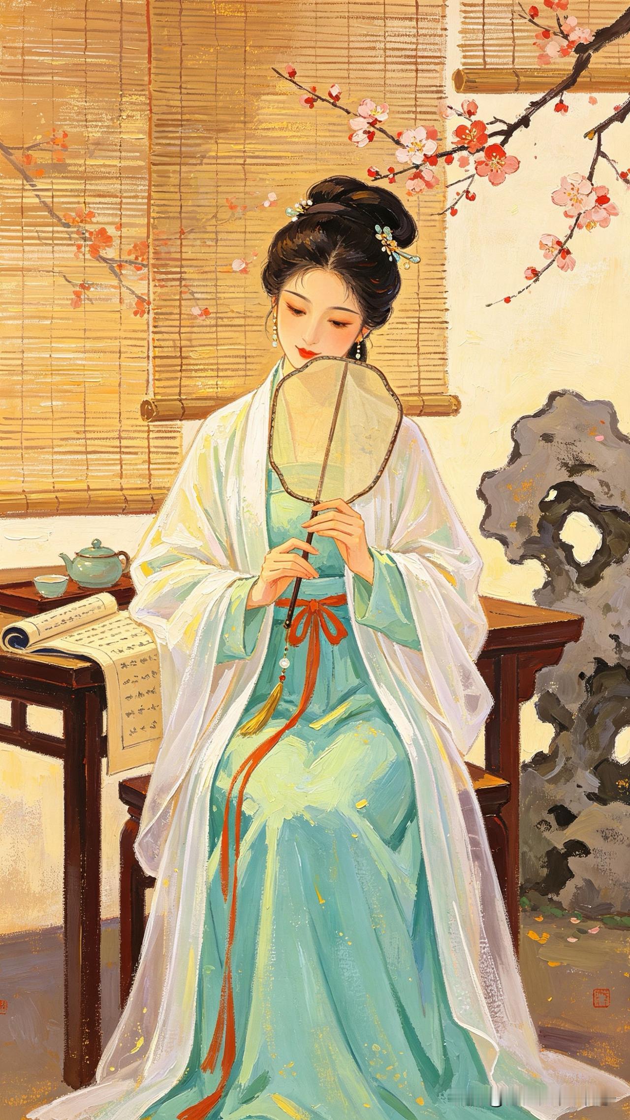 一霎低眉百媚生，
春山如笑眼波横。
不知帘外花多少，
        
…………