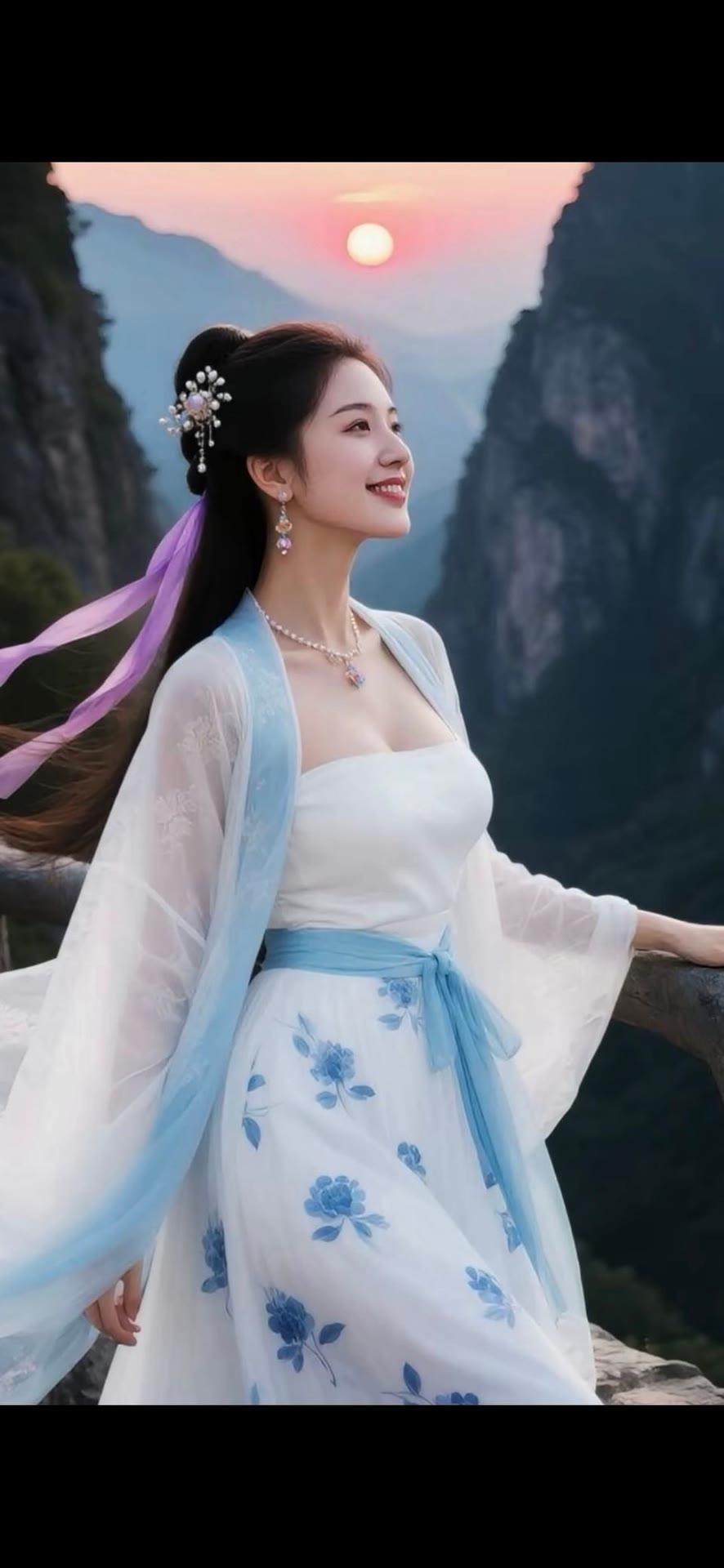 仙气飘飘的古风少女，置身于山水之间，宛如画中人。