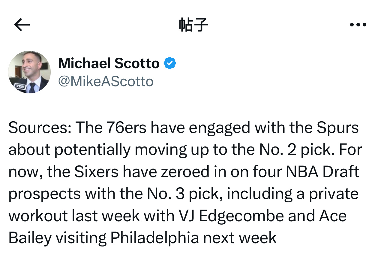 据NBA记者Michael Scotto报道，有消息透露，76人队已与马刺队洽谈