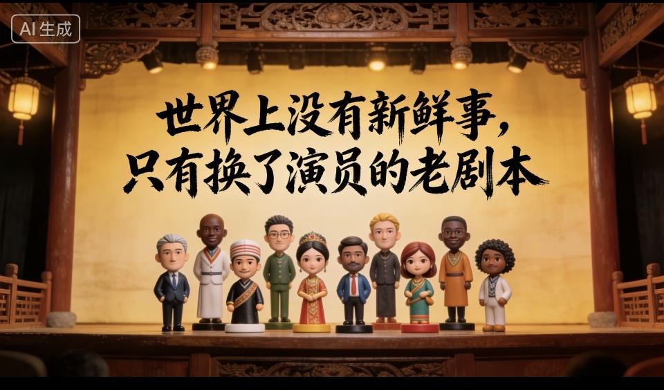 舞台上摆着各色小玩偶，背景写着中文。
舞台上摆着各色小玩偶，背景写着中文。灯光打