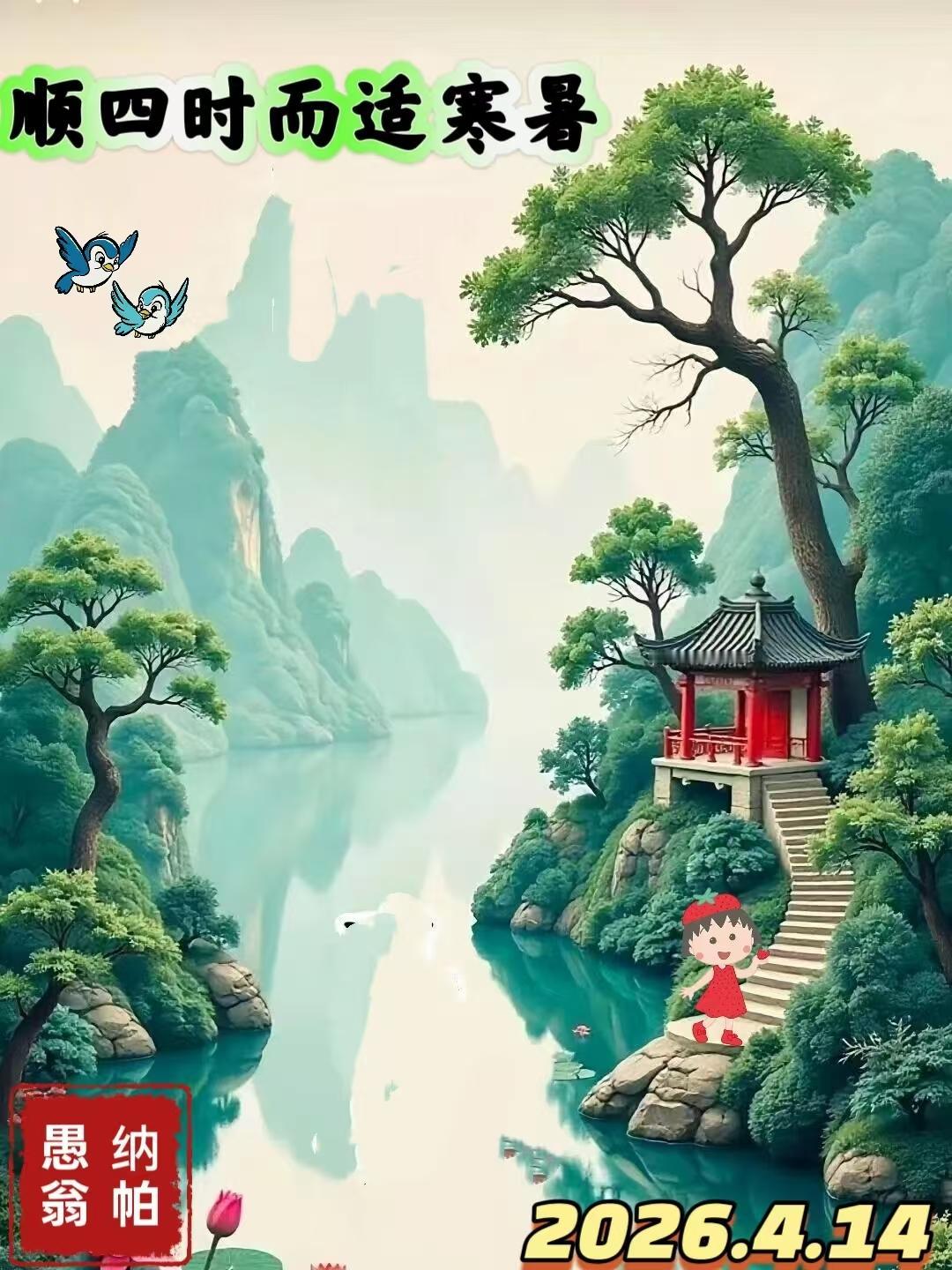 巜七律.湖山美色》(谢战友问候图)
 
顺时安度岁华长，翠岭平湖入画堂。
亭倚高