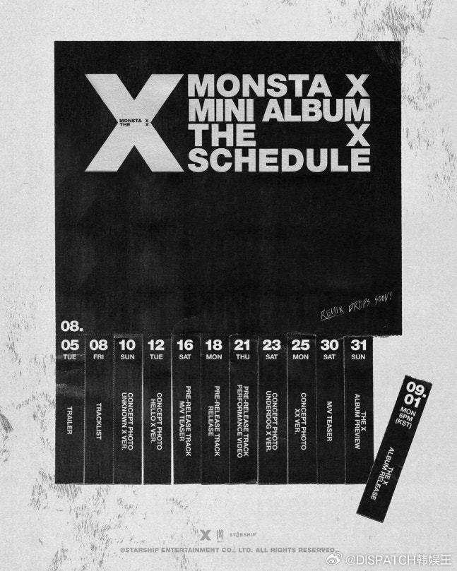 MONSTA X 新迷你专辑《THE X》将于9月1日发行，日程海报公开。 ​​