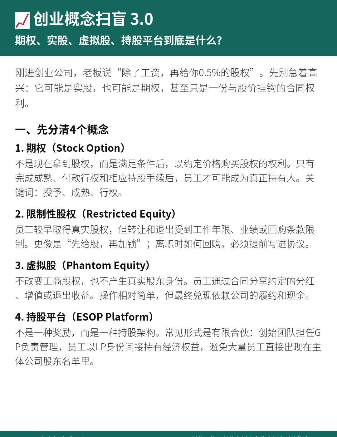 期权、实股、虚拟股、持股平台到底是什么？
加入创业公司，老板说：“除了工资，再给