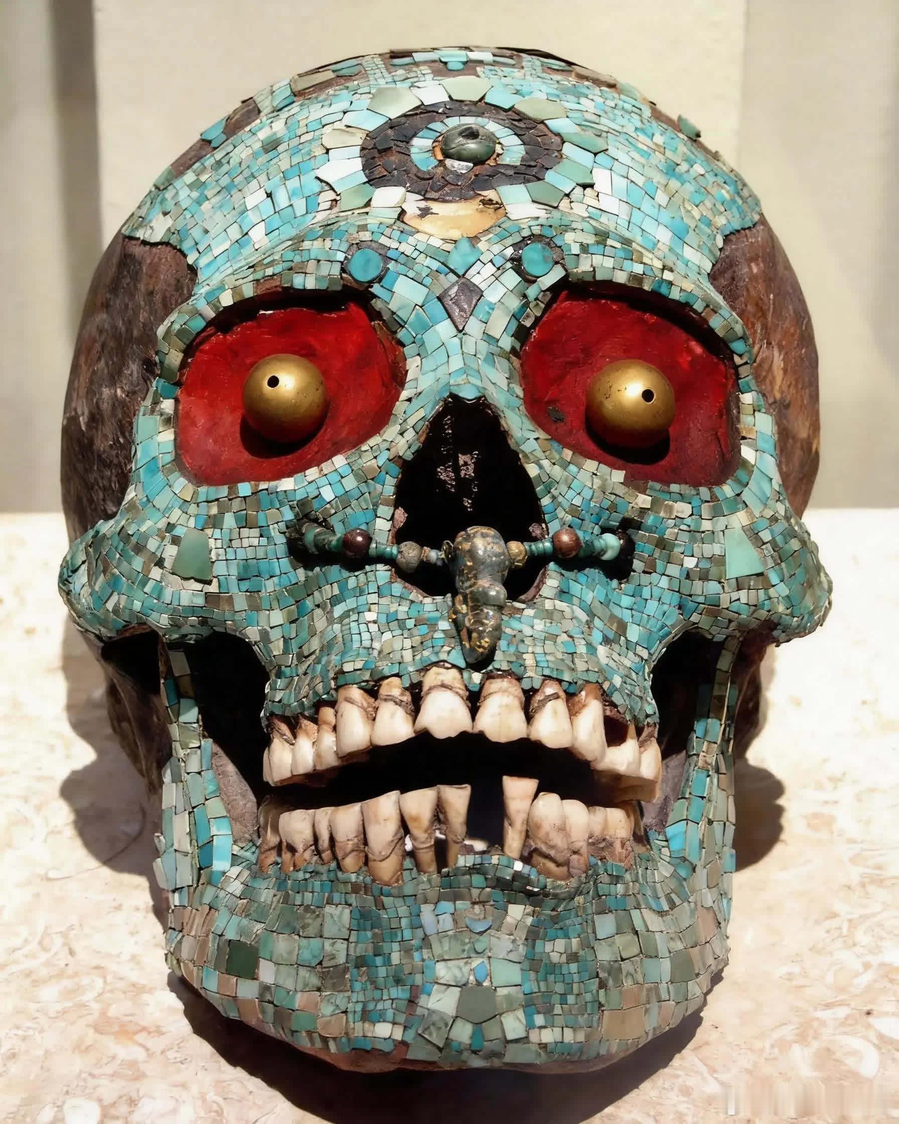 托纳拉出土的阿兹特克头骨，表面覆盖绿松石马赛克，眼睛为金质，额头饰有玉饰。公元1