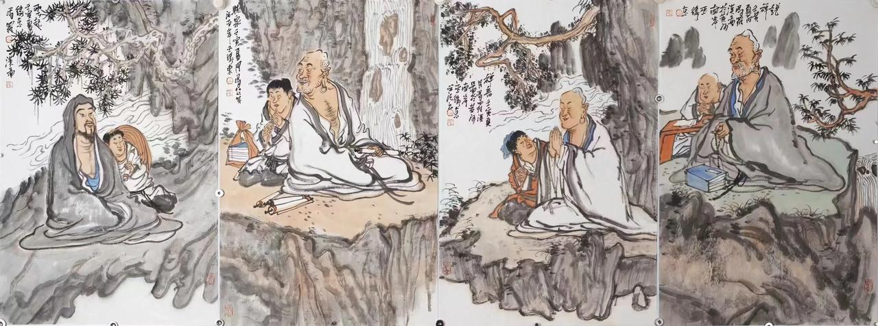 巫卫东三开四条屏人物画，艺术价值显著，以写意笔墨勾勒罗汉，线条简练劲健，墨色层次