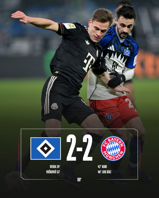 拜仁客场2-2战平汉堡，德甲连续两轮不胜（上轮1-2奥格斯堡），先赛仍以9分领跑