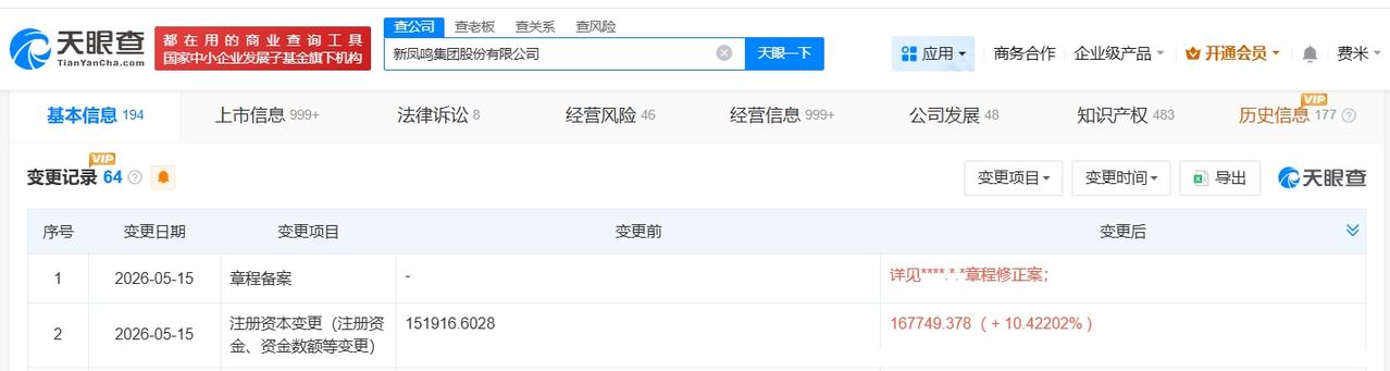 新凤鸣增资至16.8亿 增幅约10%

天眼查App显示，近日，新凤鸣集团股份有