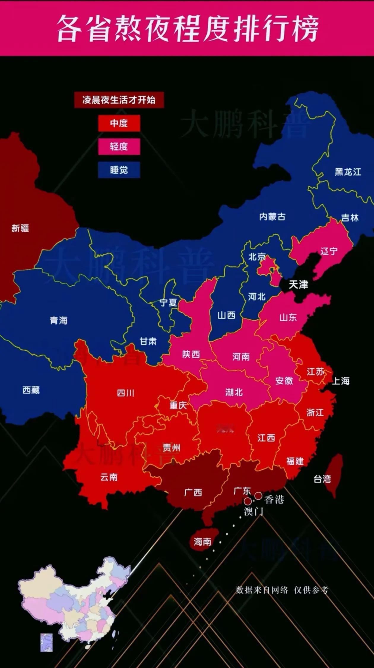 34个省（自治区、直辖市、特别行政区）熬夜程度