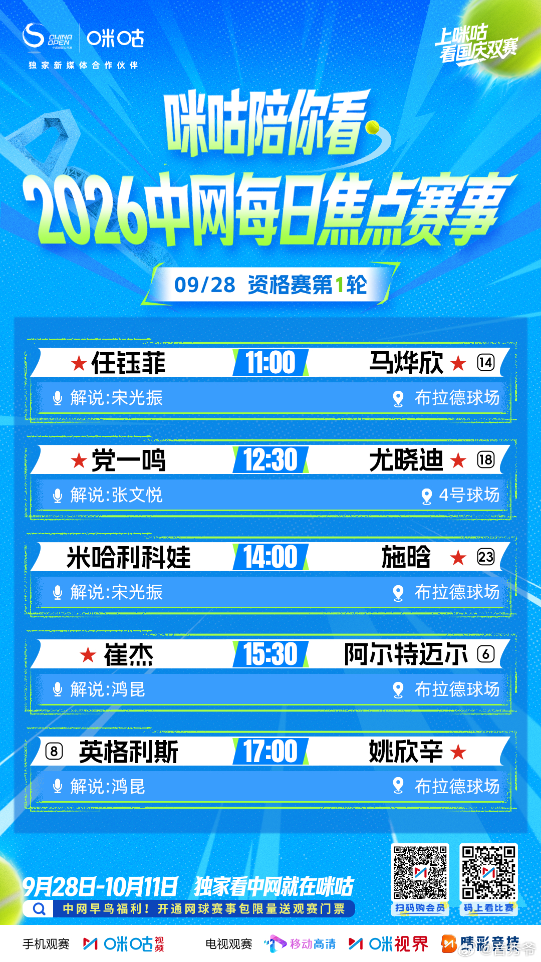 中网抽签仪式独家看中网就在咪咕 锁定咪咕看中网啦，解说天团全程相伴，网球大咖在线