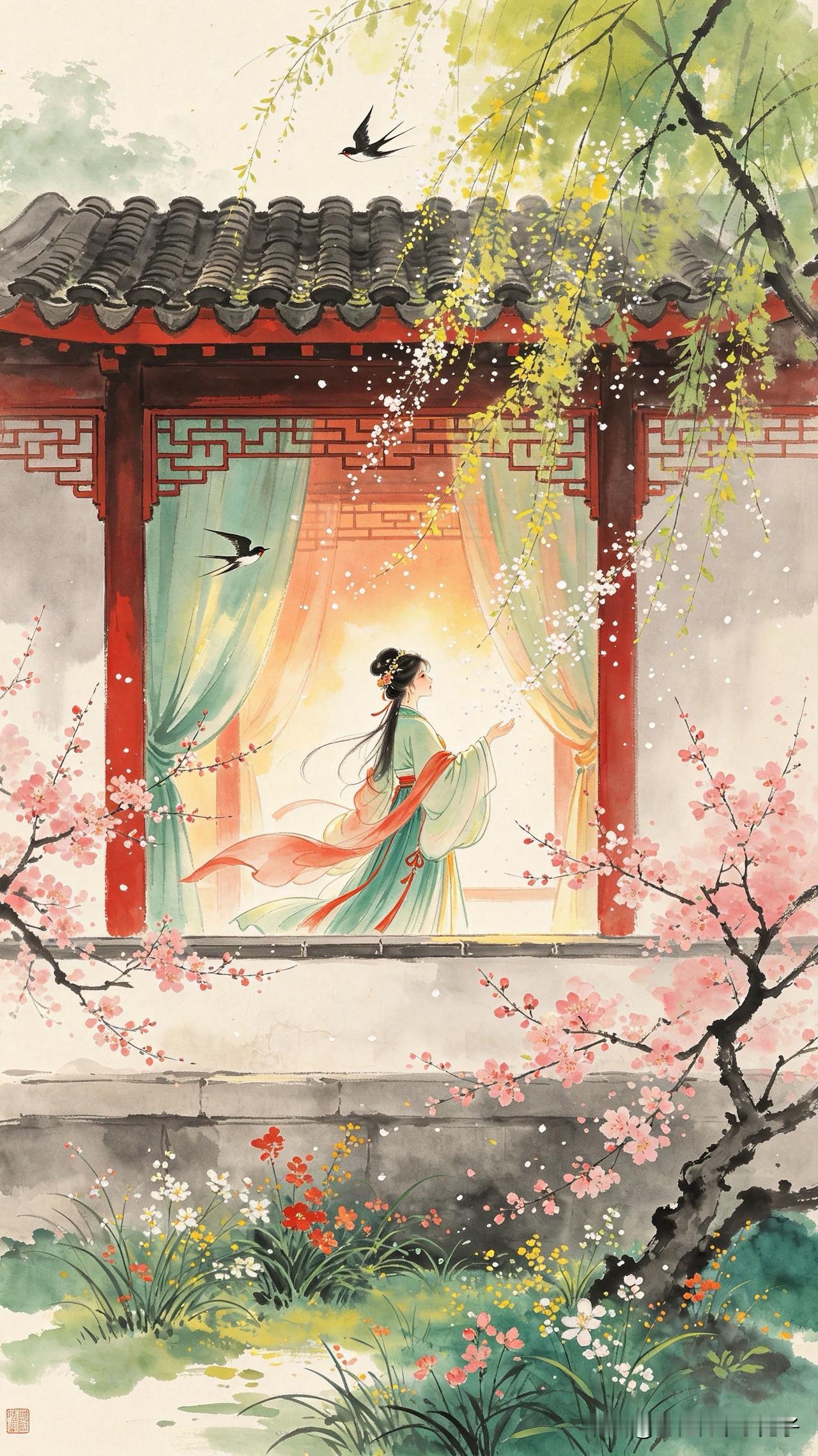 柳絮轻扬过女墙，
珠帘半卷燕归梁。
东君暗把芳心度，
    
…………请师友续