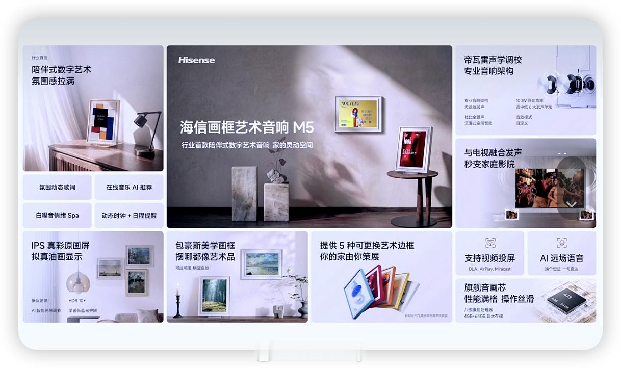 海信画框艺术音响M5直接把氛围感天花板焊在墙上，平时是一幅能随时换的数字艺术画，