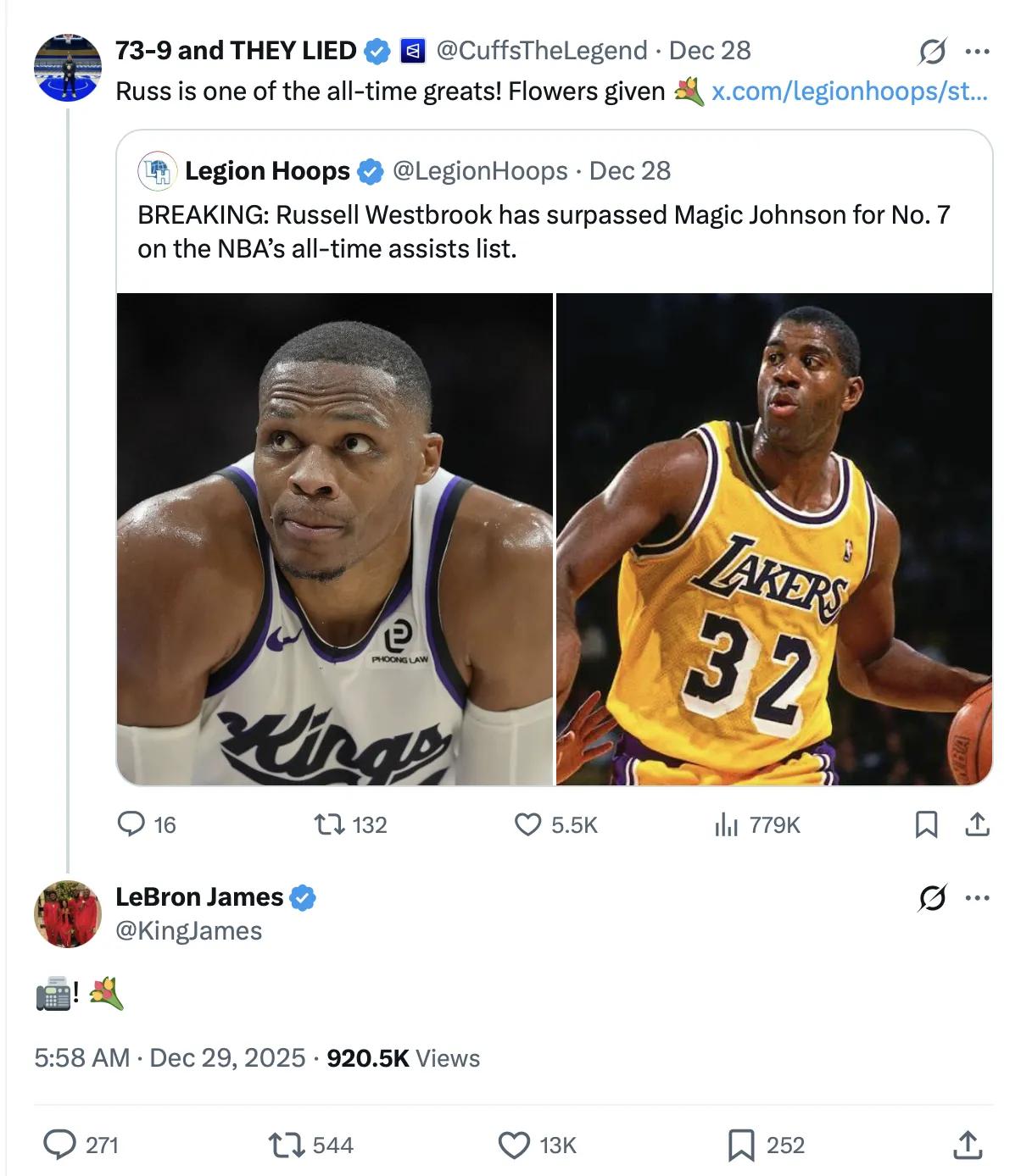 假惺惺！
今天，湖人打国王，詹姆斯赛前转发推文：威少是历史最佳之一，该给他鲜花。