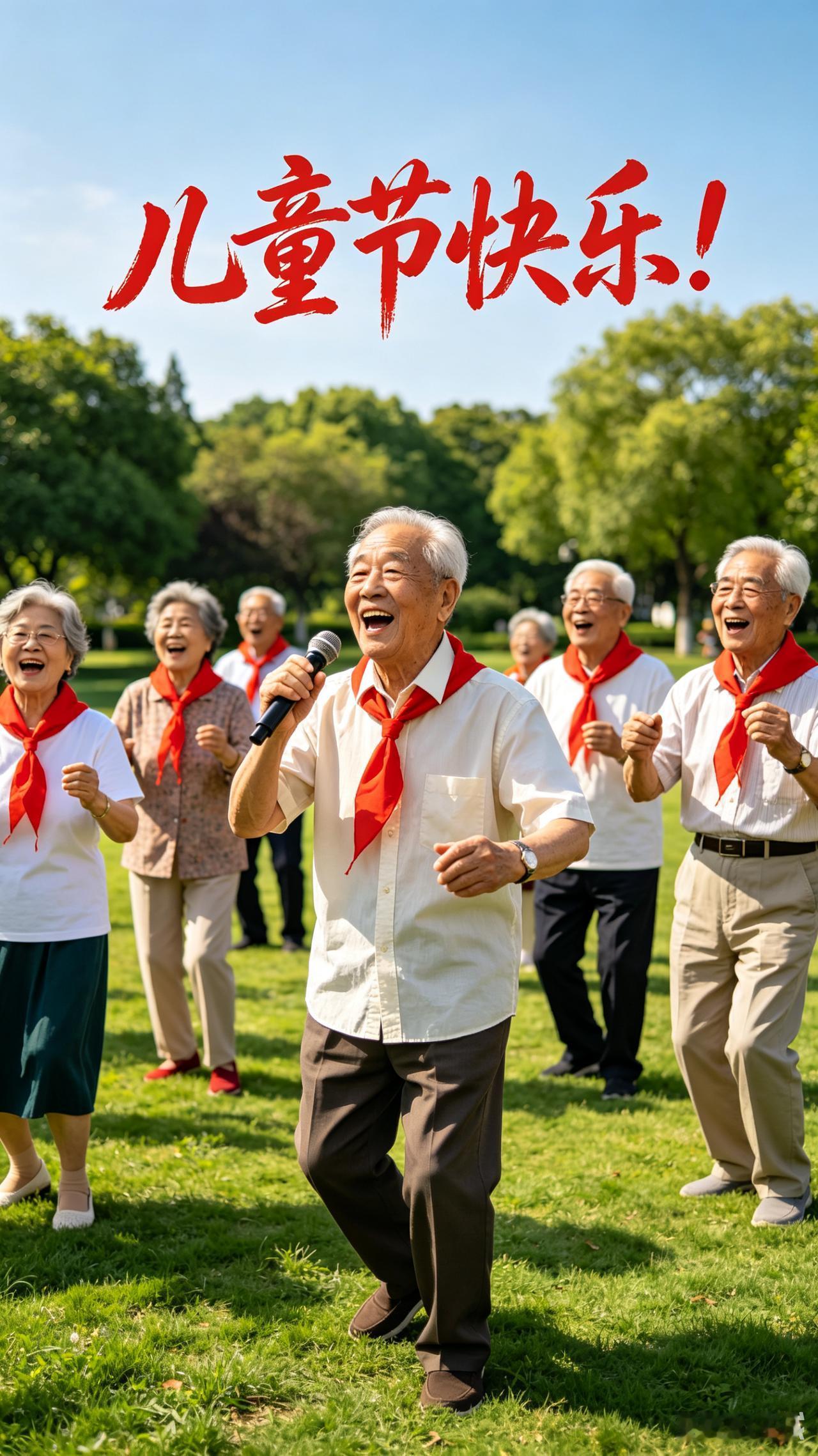 红领巾飘鬓角边，爷爷奶奶笑开颜。草坪放歌音绕远，舞步轻盈赛少年。六一从不是娃专享