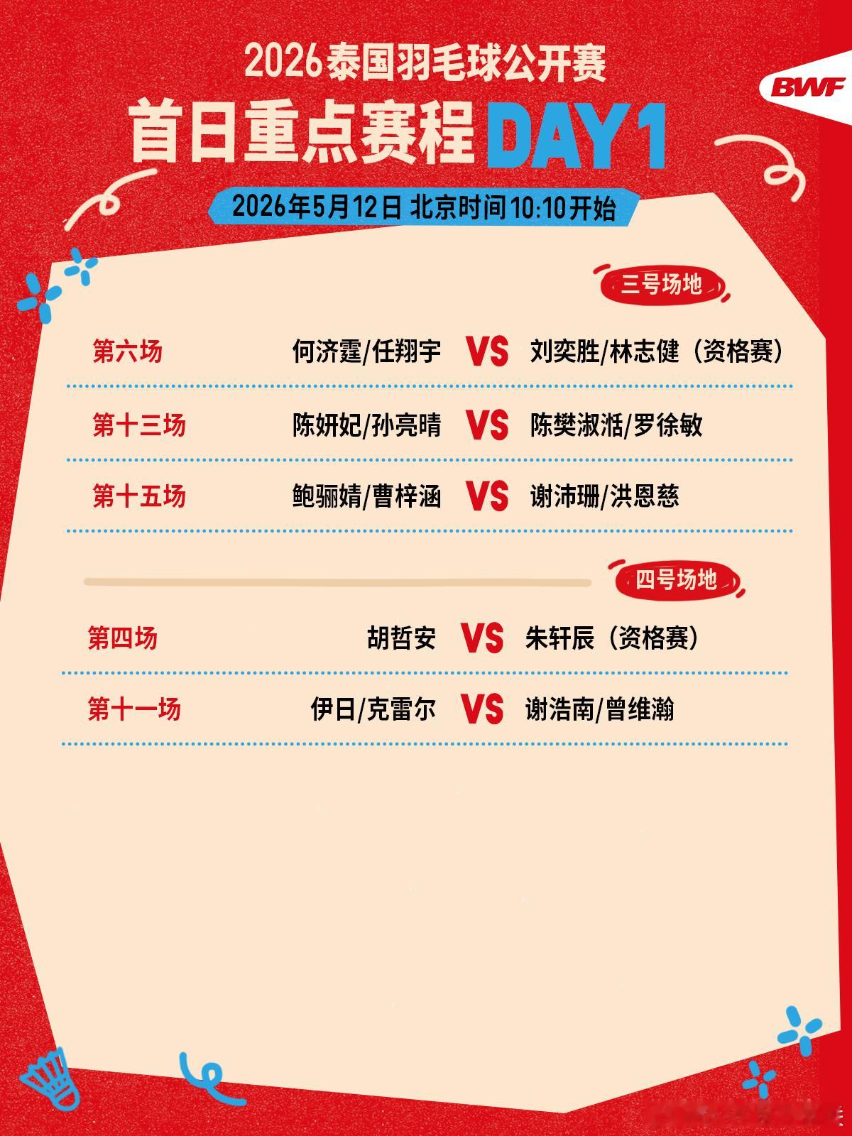 2026年泰国羽毛球公开赛  首日重点赛程🔥第一日赛程 上午十点开打🏸焦点战
