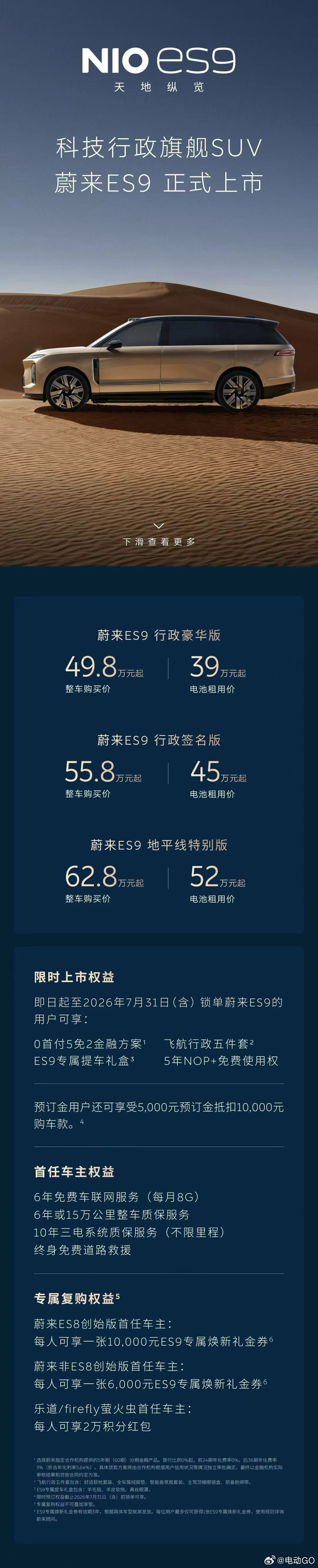 售价49.8万元起，科技行政旗舰SUV蔚来ES9正式上市 
