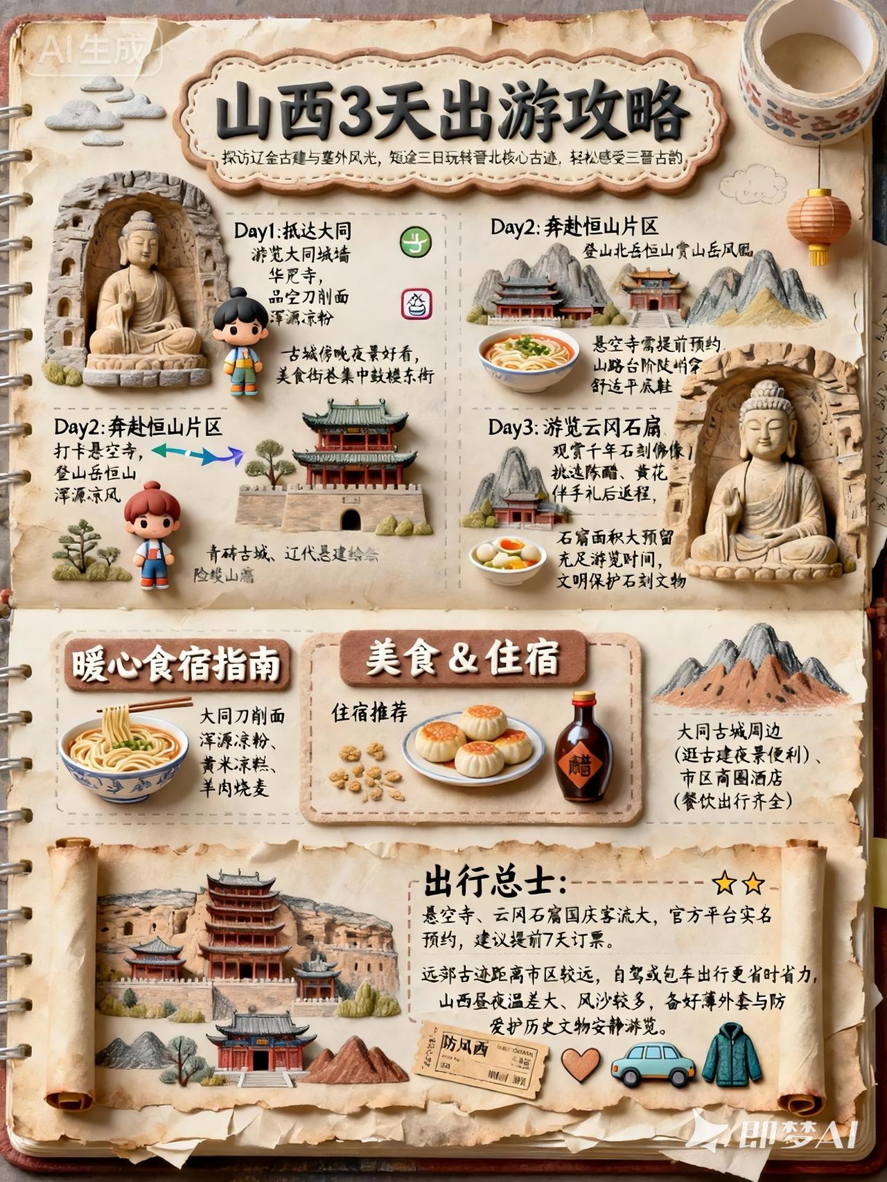 山西 3 天出游攻略：

Day1：抵达大同，游览大同古城墙、华严寺，品尝刀削面