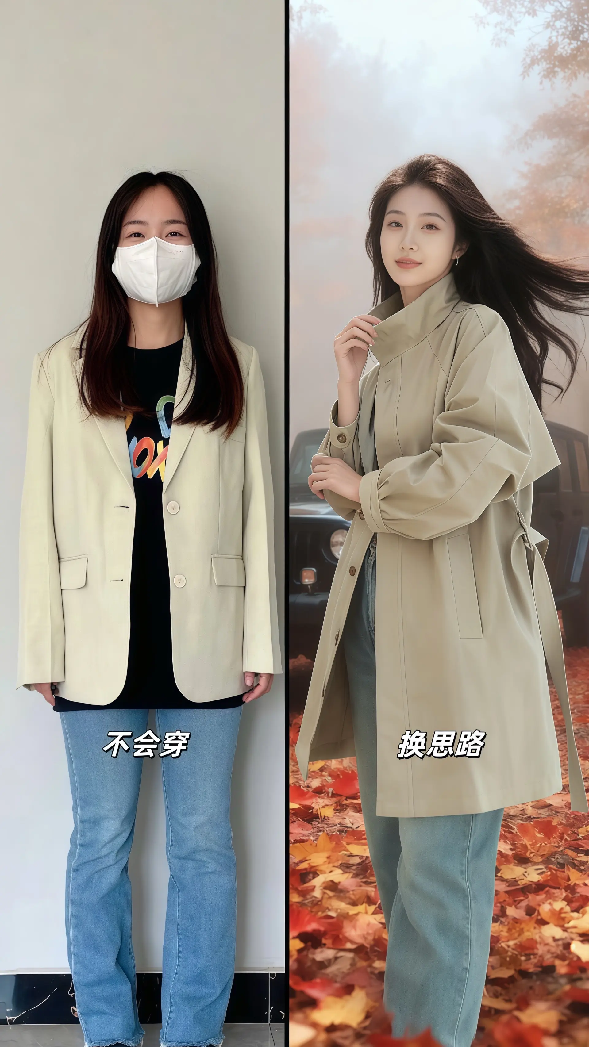 她穿着一件中长款杏色风衣外套，衣摆随脚步轻轻扫过积着落叶的林地，风把领...