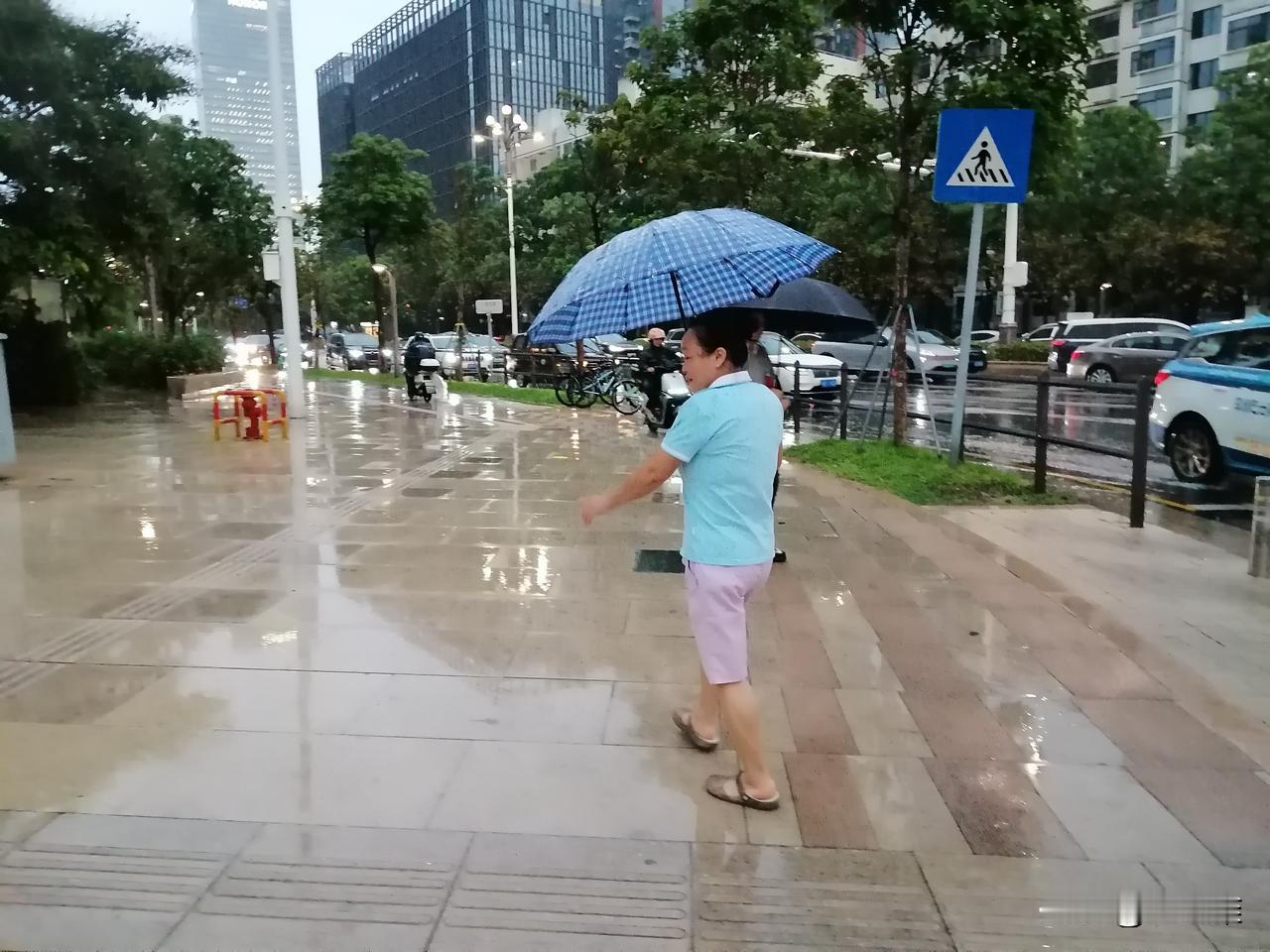 好像雨小些了，我快步走到路口，当时旁边一位女士主动把伞移到我头顶，和我一起遮雨。
