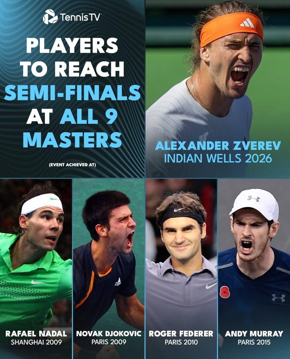 兹维列夫成为继“四巨头”之后唯一解锁所有9站1000赛四强的球员，这一成就是在他