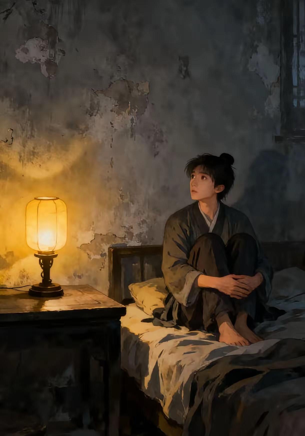 孤灯照壁人无寐，
两友同床话不完。
横批：《孤灯与俩友》