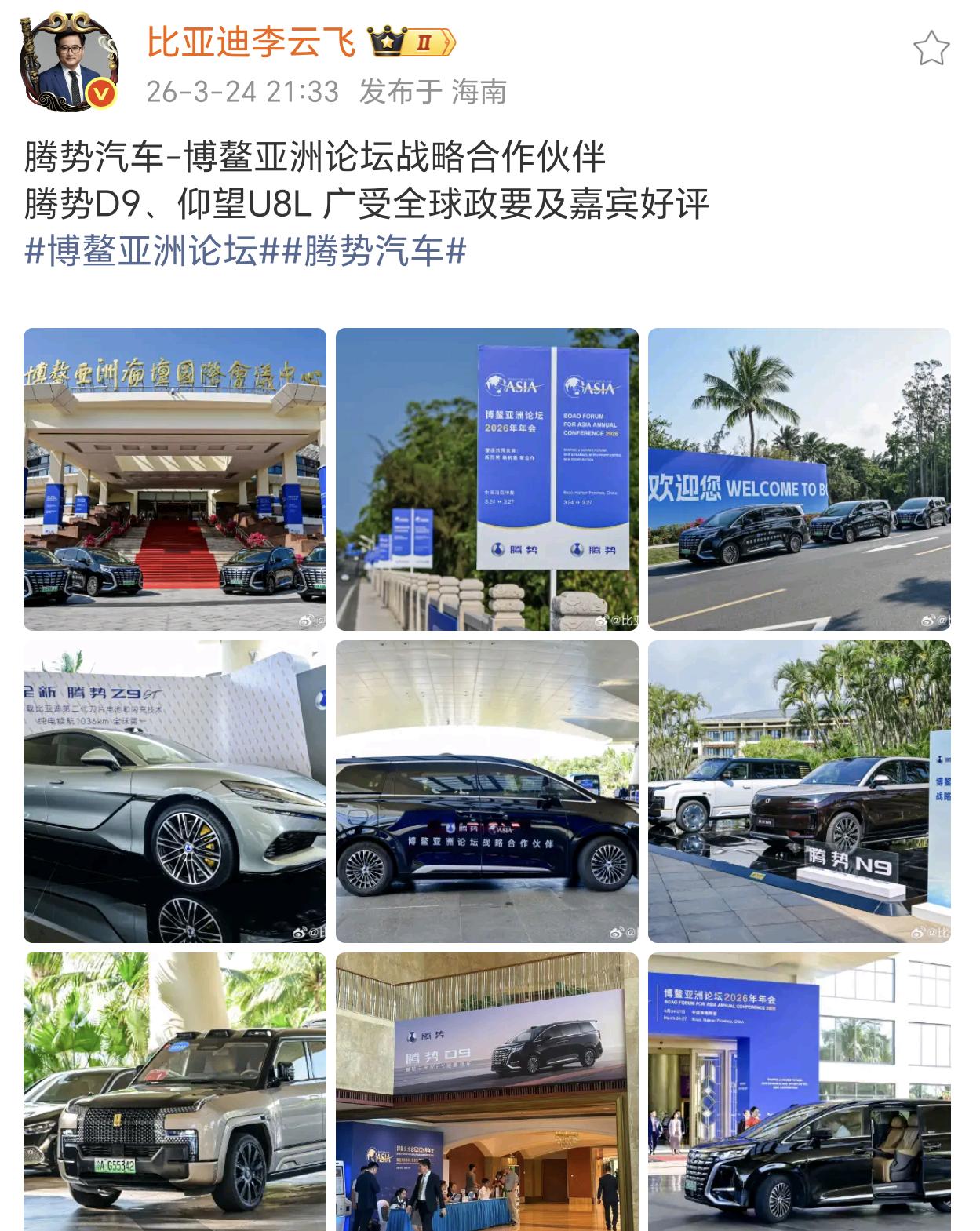 腾势这波跟博鳌亚洲论坛合作，真心不错。
腾势D9稳重大气，仰望U8L酷酷的还充满