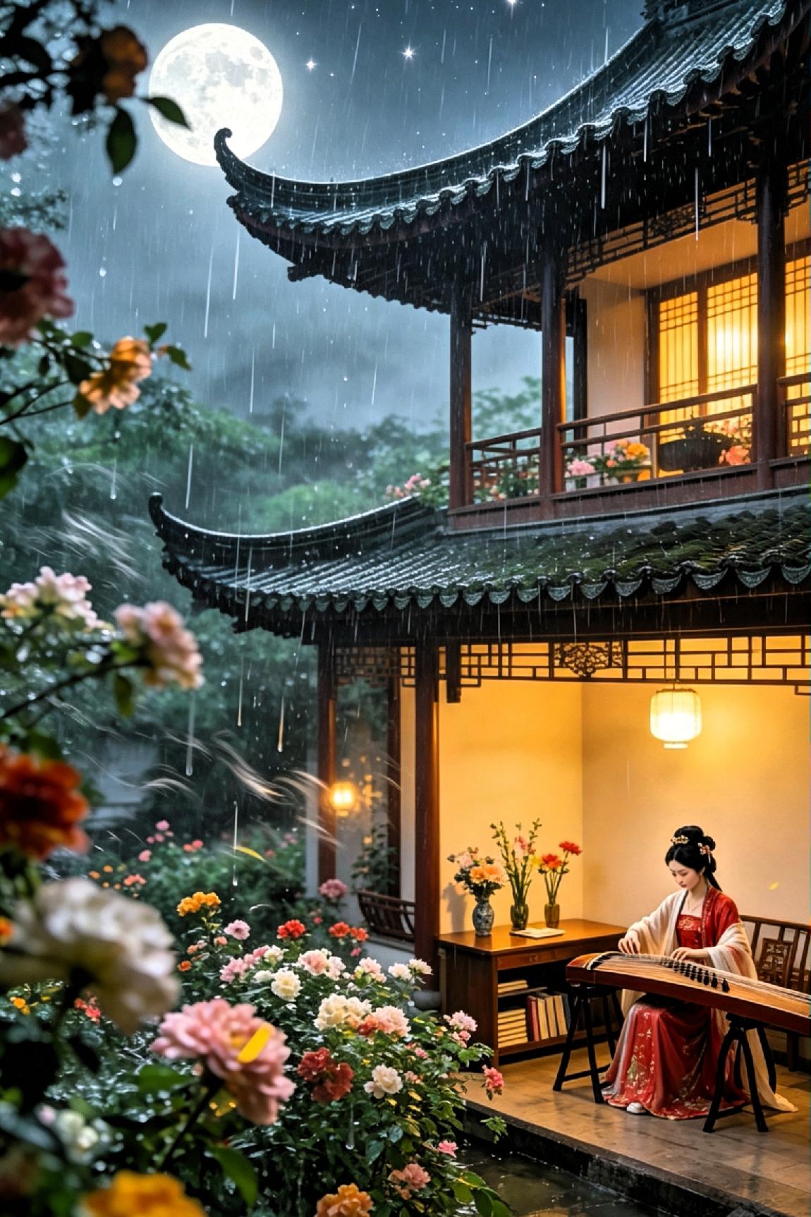 《古阁灯火》
 
夜色古风氛围感拉满！
明月垂空，古阁藏韵，晚风携香入庭院；
琴