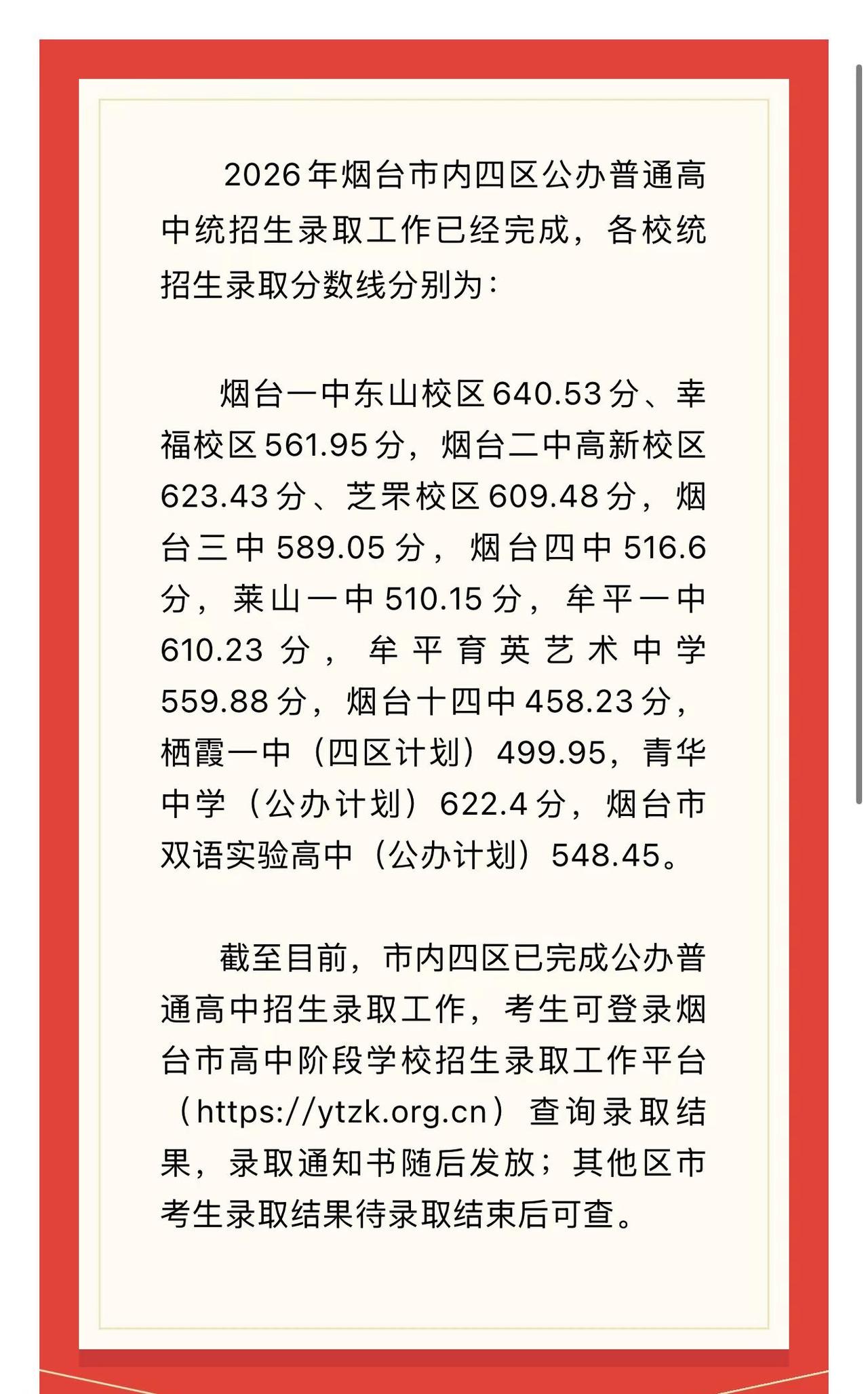 2026年烟台市内四区普通高中录取分数线公布