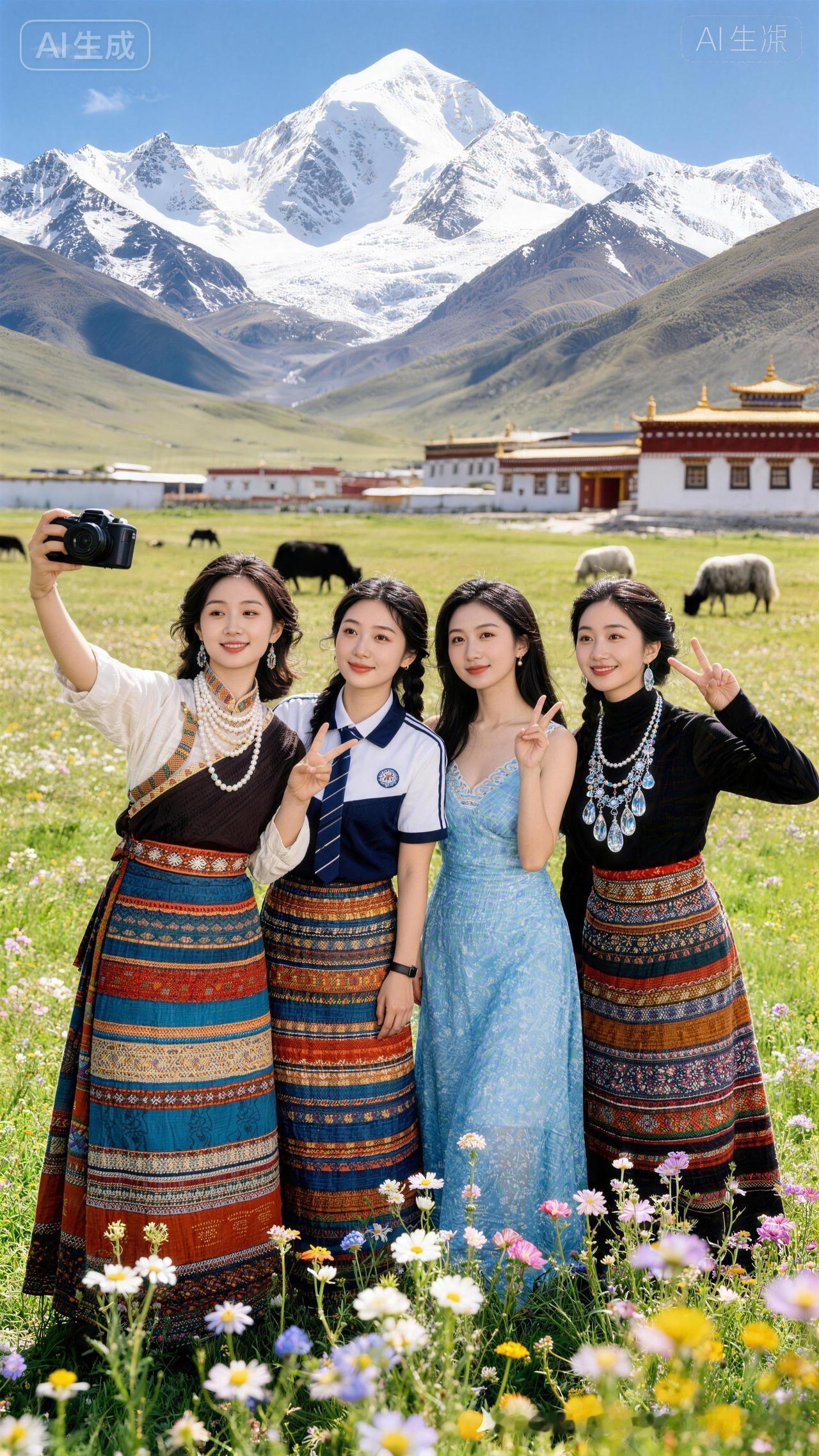 雪山下的闺蜜自拍，花海中的美好时光！