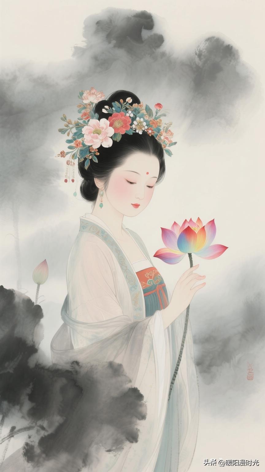 水墨染清荷，美人拈莲而立，眉目温婉似清风
荷边美姿图 荷韵美人图