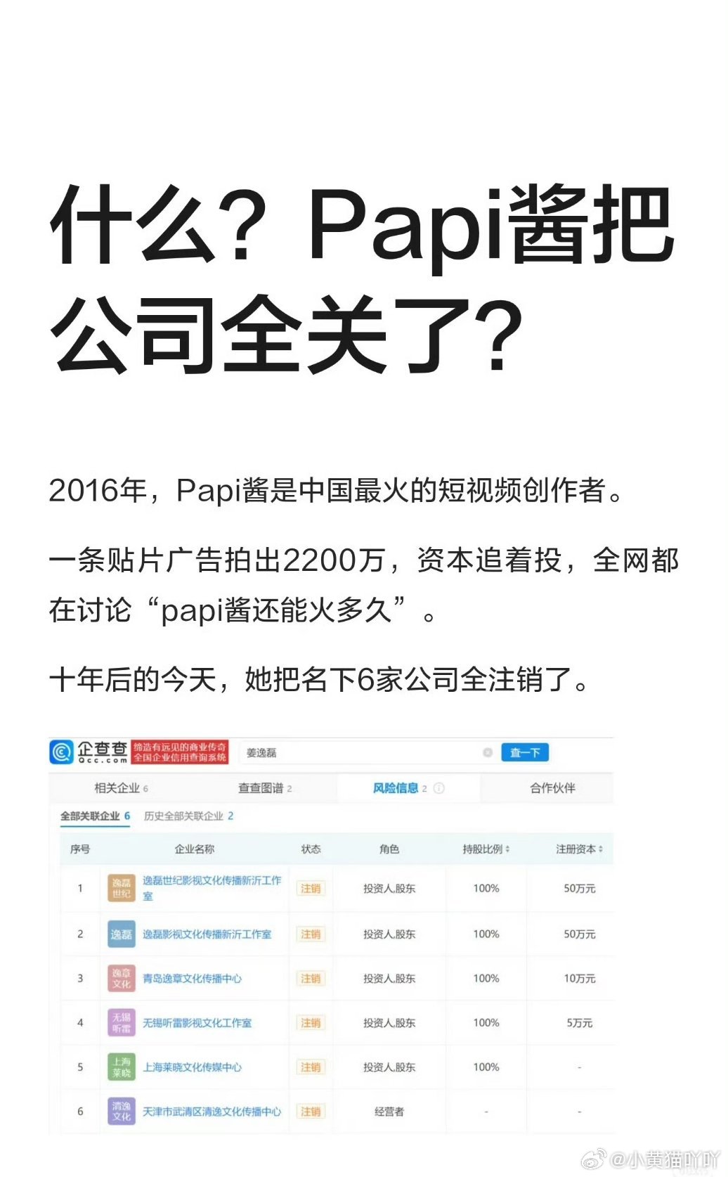 papi酱把名下6家公司全注销了，公司从150人砍到了7个人，现在这个经济和舆论