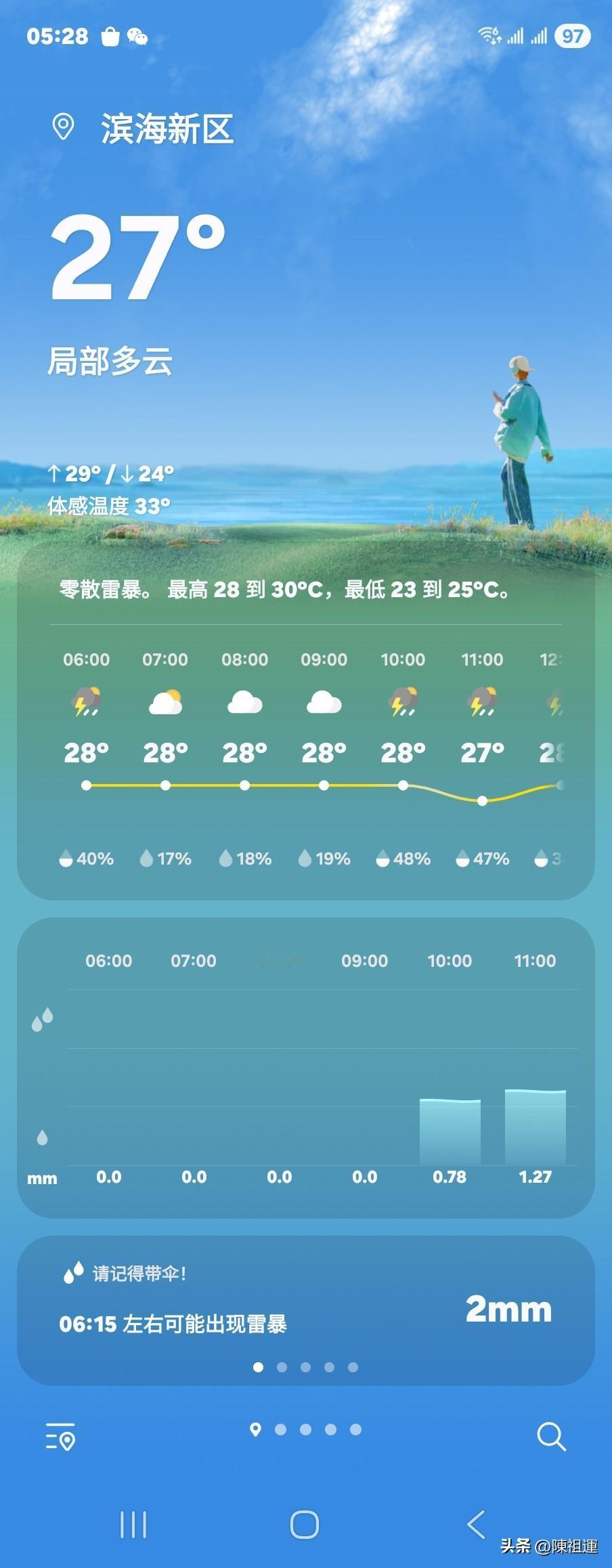 我沿着街道漫步，路边的花草上挂满了细密的水珠，在微光中闪烁着，好似一颗颗晶莹的珍