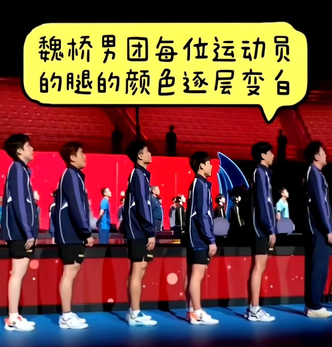 人家战队论高矮，魏桥战队论黑白，
他们几个队员排排站着亮出小腿，肤色硬是凑出了一