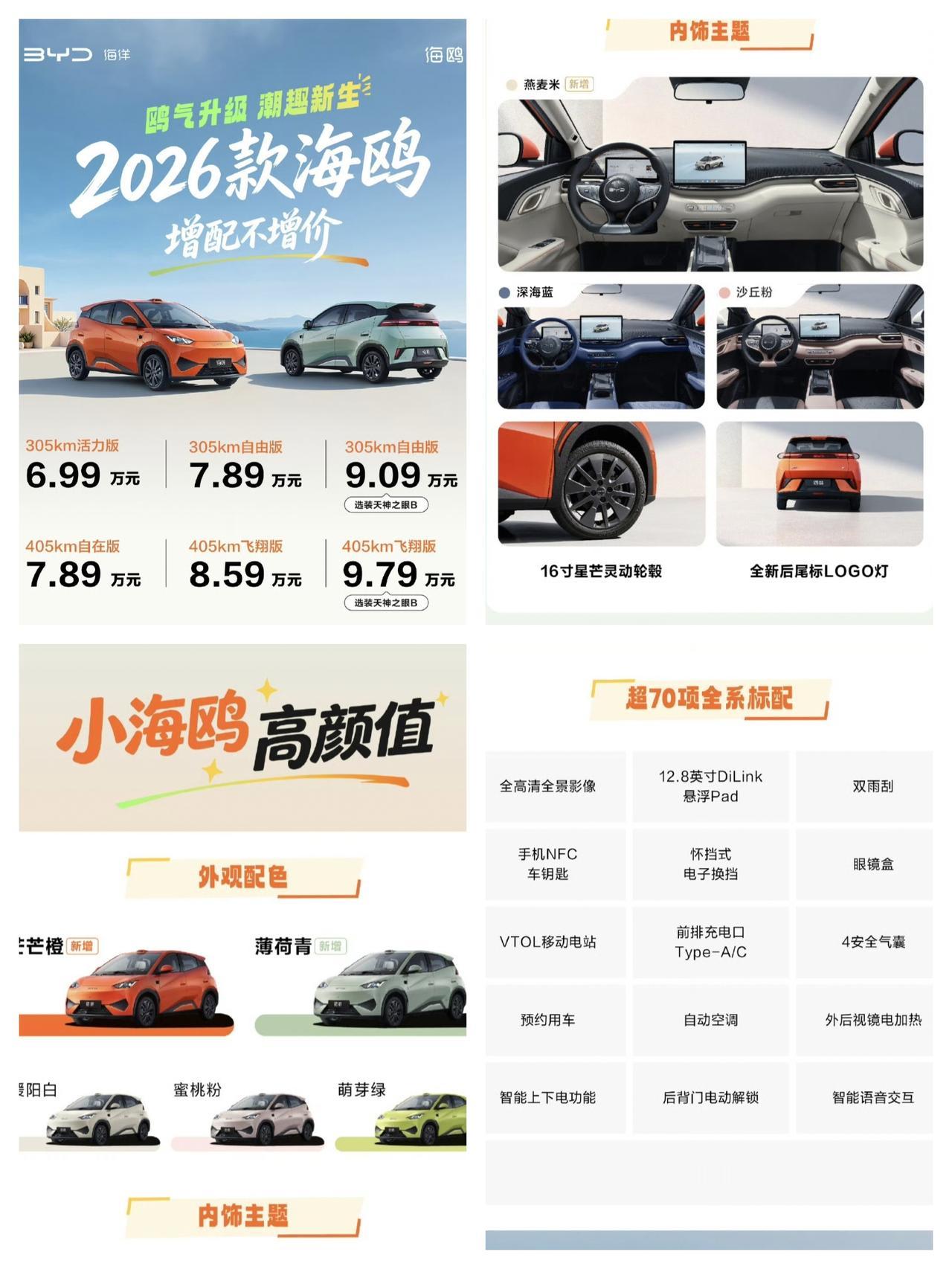 2026款比亚迪海鸥上市，305公里续航6.99万元起，405km续航7.89万