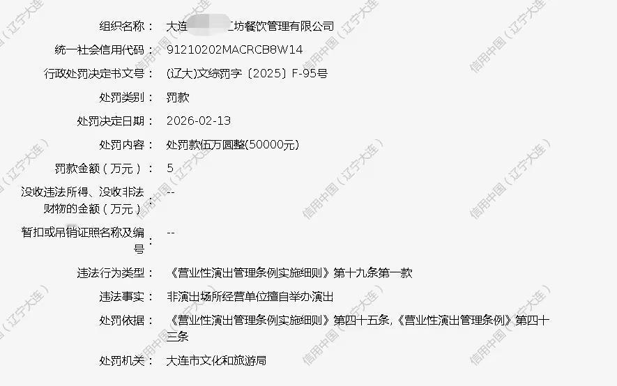 大连一酒吧因擅自举办演出被罚5万元，此前还曾因噪声超标被罚

据信用中国（大连）