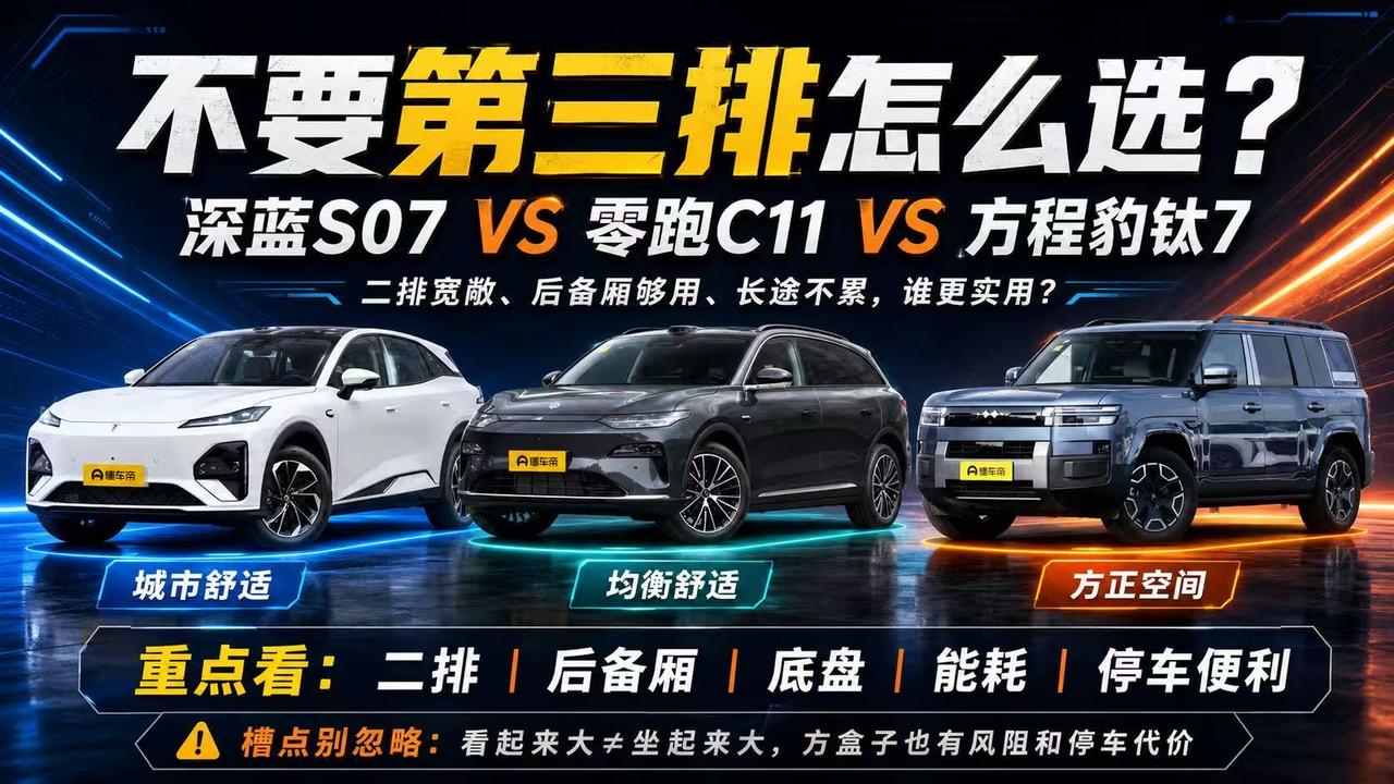 不要第三排，只想坐得宽敞：深蓝S07、零跑C11、方程豹钛7怎么选？
 
不要七