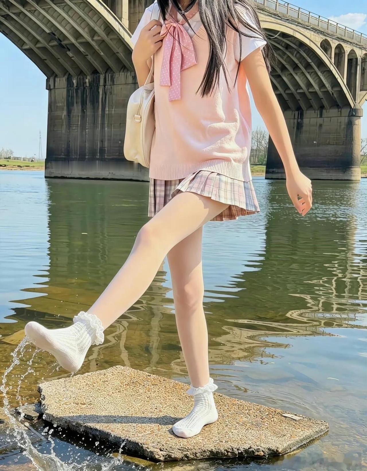 夏日赴一场河边之约✨
粉调针织马甲搭配格纹百褶裙，软乎乎的蕾丝花边袜增添少女感。