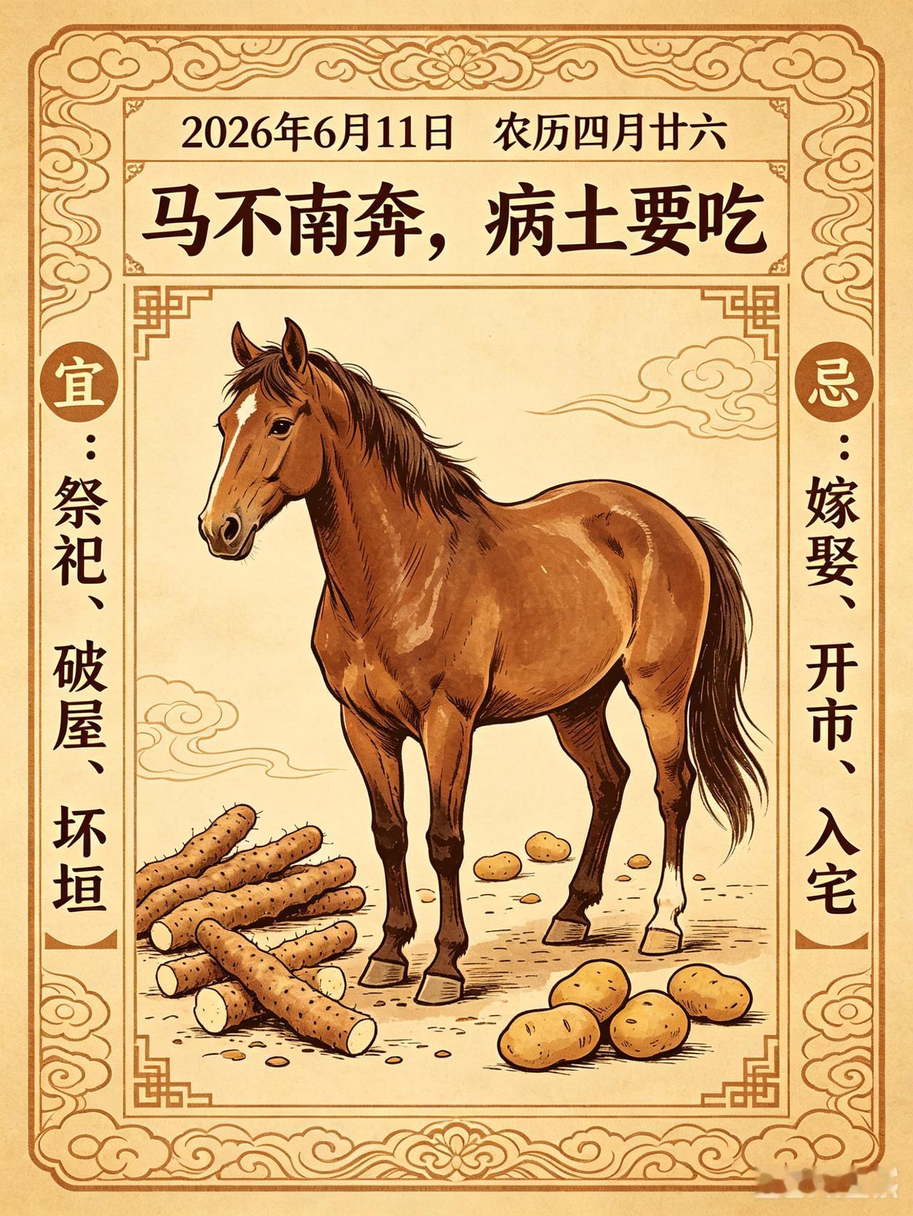 今天是2026年6月11日，农历四月廿六。一大早翻老黄历，上面清清楚楚写着：“马