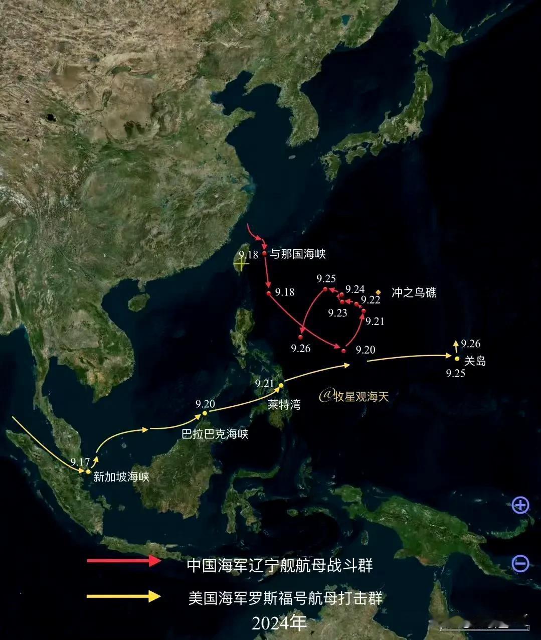 根据AIS信号显示:9月18号～9月26号，辽宁舰航母战斗群部署动态图与罗斯福号