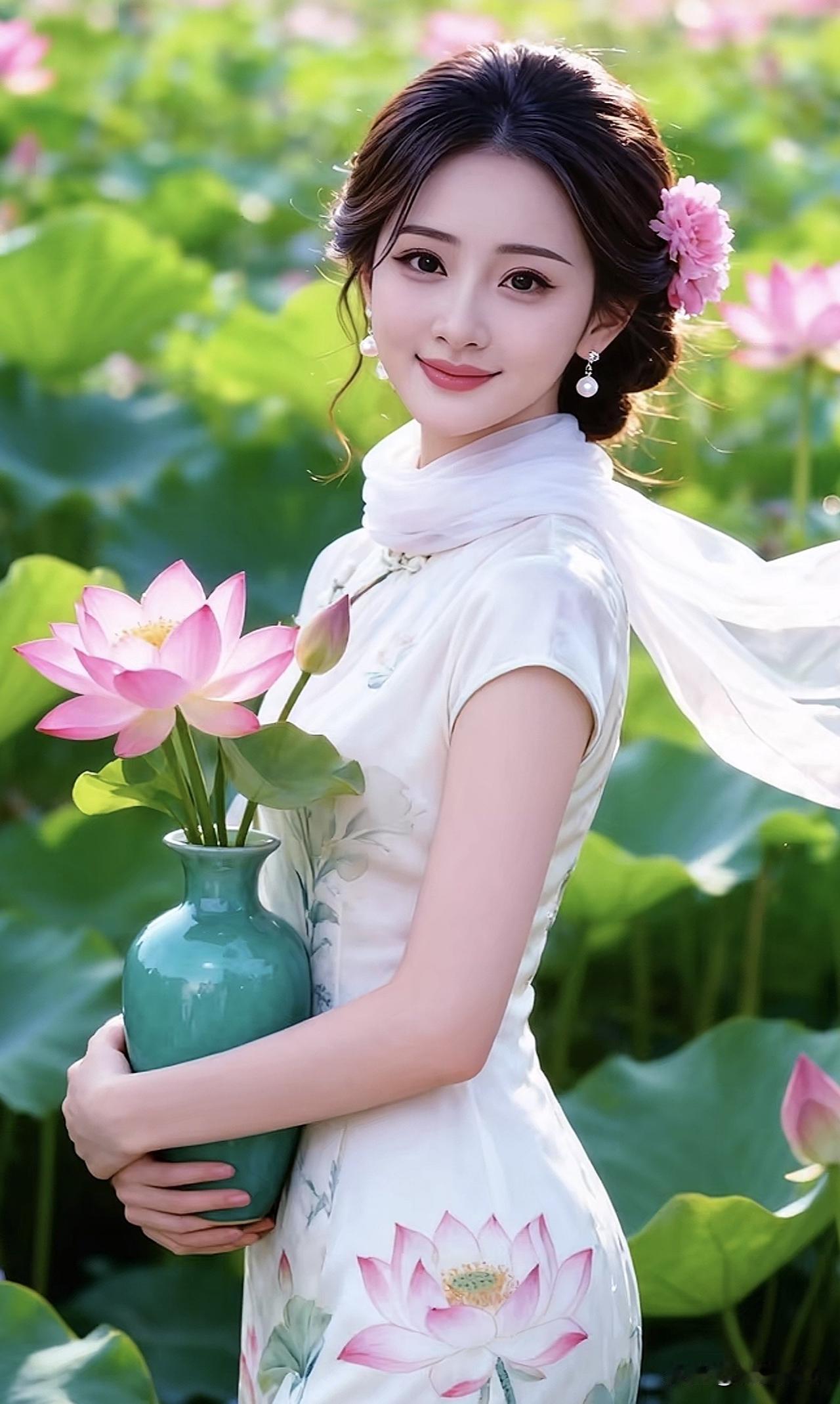 莲花映美人，笑语入画来。莲花好美景 水边荷韵照 莲花一捻醉成诗 荷韵美人图 莲花