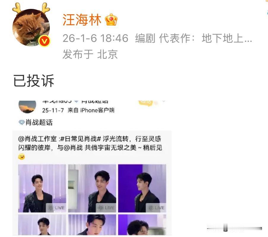 1月7日，这个汪海林怎么老跟肖战过不去？
今天看到他投诉肖战粉丝，隔三差五看他说