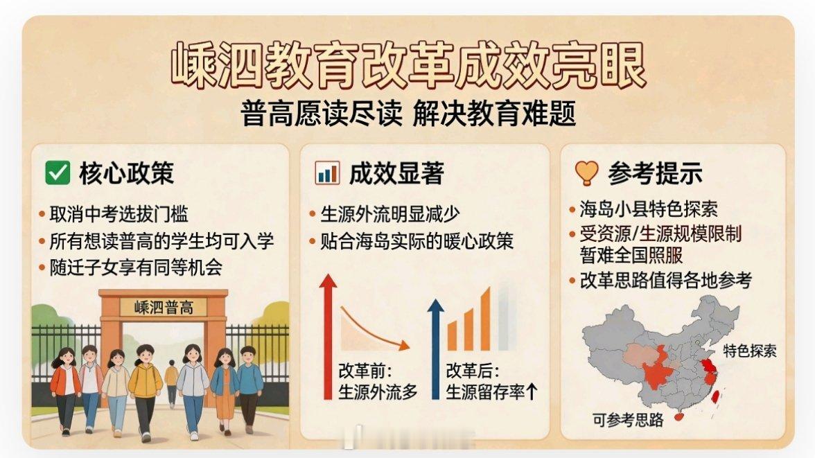 小县城取消中考选拔全员直升高中真的很羡慕啊，实实在在解决了当地教育难题。嵊泗推行