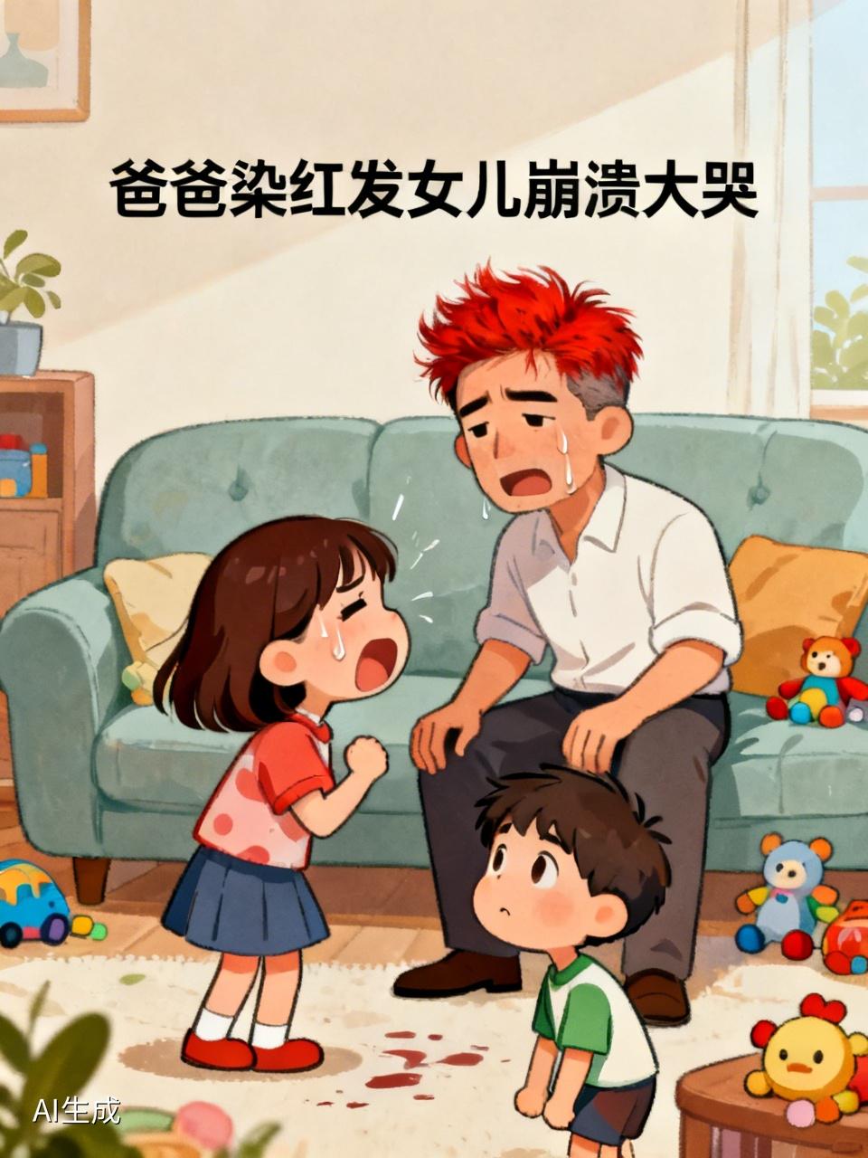 爸爸染红发女儿崩溃大哭 最近“爸爸染红发女儿崩溃大哭”的视频火了。视频里，爸爸染