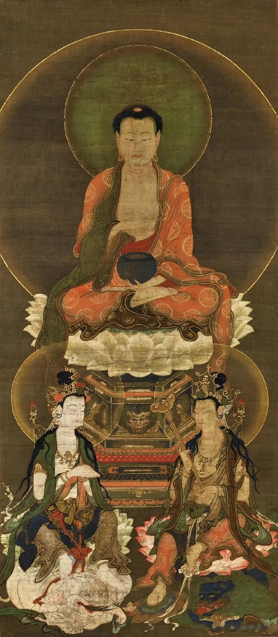 宋元古佛画｜华严三圣
这幅绢本古画为华严三圣。
正中主尊是毗卢遮那佛（大日如来）